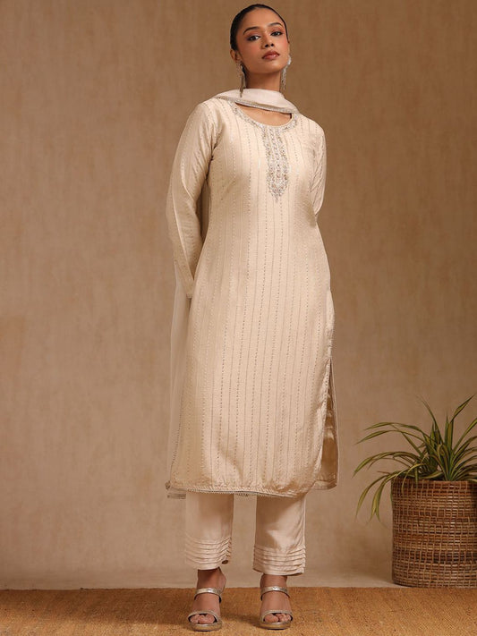 Dhiyona SO Women's Women Woven Design Embroidered Beads and Stone Kurta Set With Dupatta