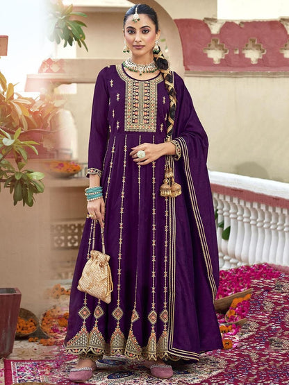 Dhiyona CH Floral Embroidered Pleated Sequinned Anarkali Kurta With Trousers & Dupatta