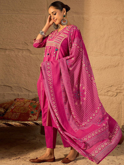 Dhiyona IE Women's Embroidered V-Neck Pure Cotton Straight Kurta With Trousers And Dupatta