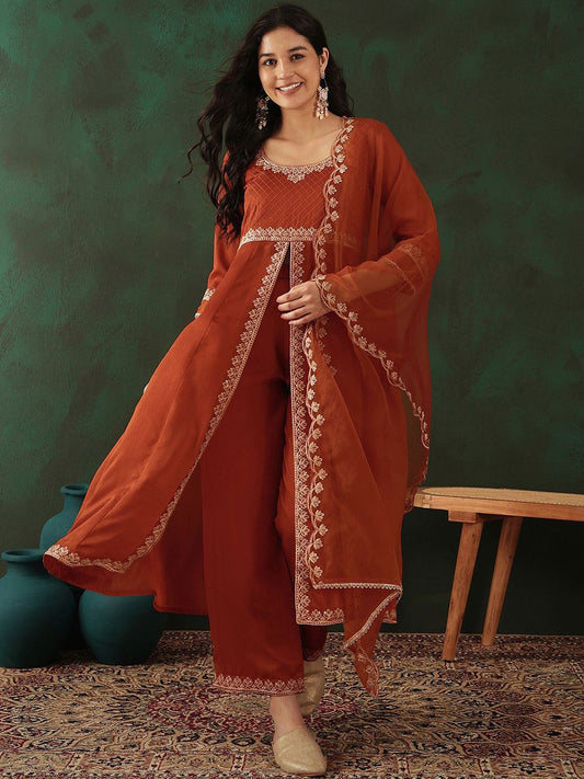 Dhiyona SN Women's Sequence Embroidered Front Slit Kurta With Trousers & Dupatta