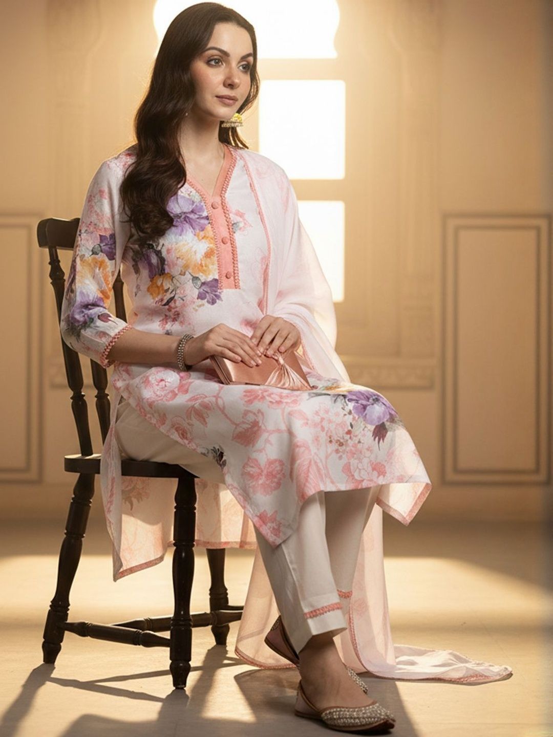 Floral Printed Linen Kurta With Trousers & Dupatta