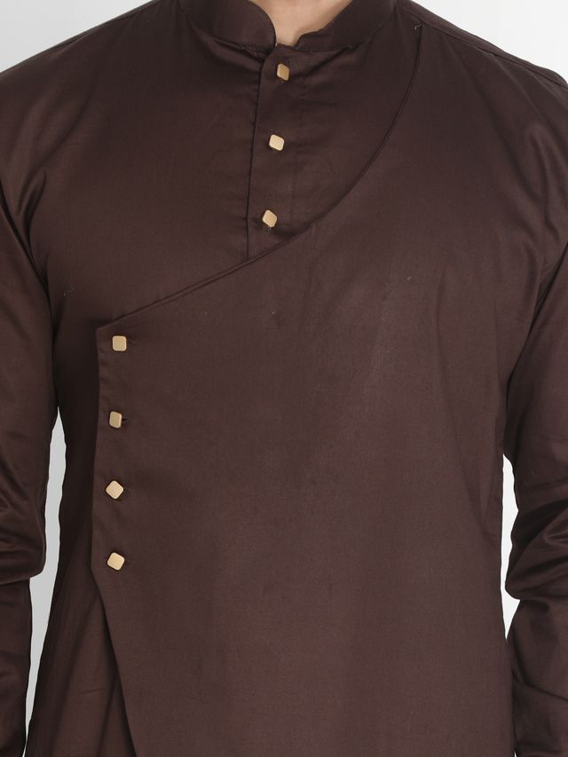 Men's Coffee Cotton Cotton Satin Asymmetric Kurta Pyjama Set