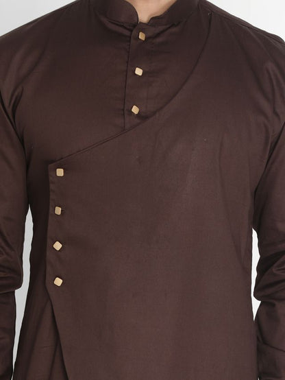 Men's Coffee Cotton Cotton Satin Asymmetric Kurta Pyjama Set