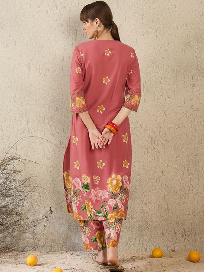 Floral Printed Round Neck Sequinned Pure Cotton Kurta With Trousers