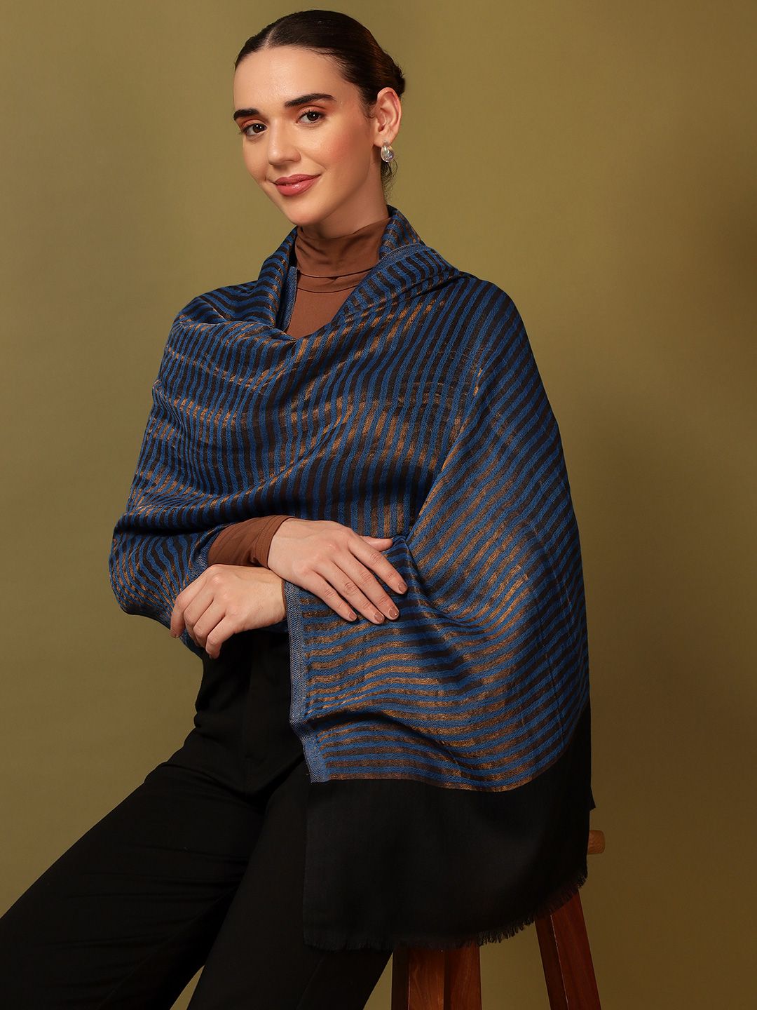 Dhiyona PA Striped Woven Design Woollen Reversible Shawl