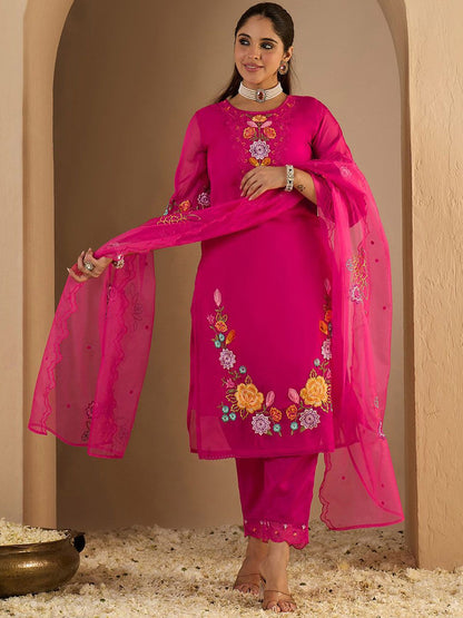 Dhiyona IE Women's Women Floral Embroidered Thread Work Kurta With Trousers & Dupatta Kurta Sets