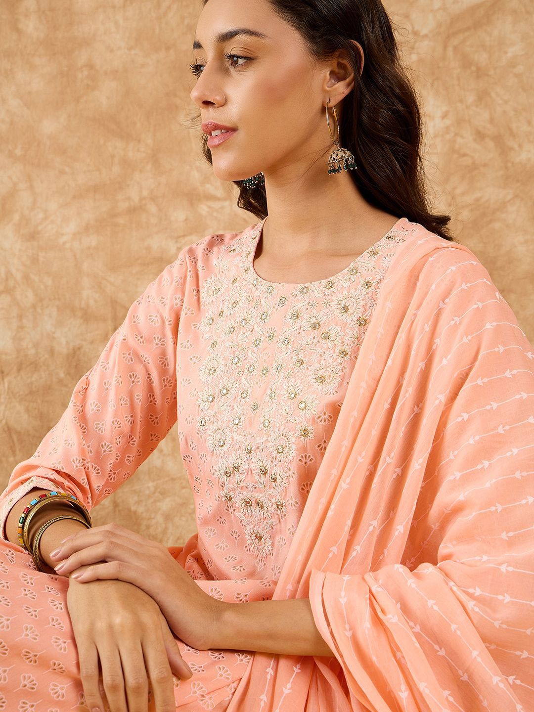 Dhiyona IE Floral Printed Straight Mirror Work Kurta with Trousers & Dupatta