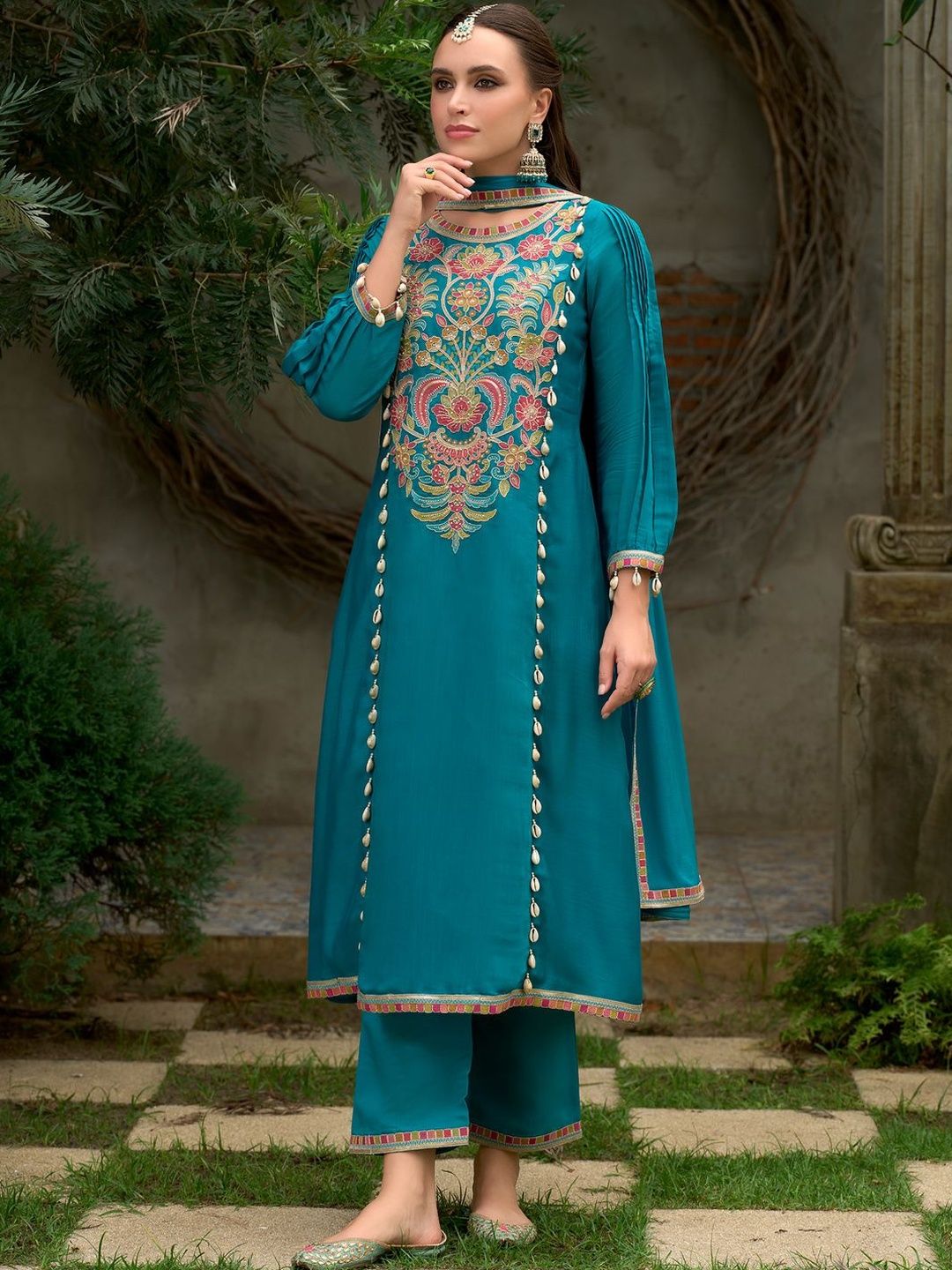 Floral Embroidered A-Line Round Neck Beads & Stones Kurta With Trousers & Dupatta