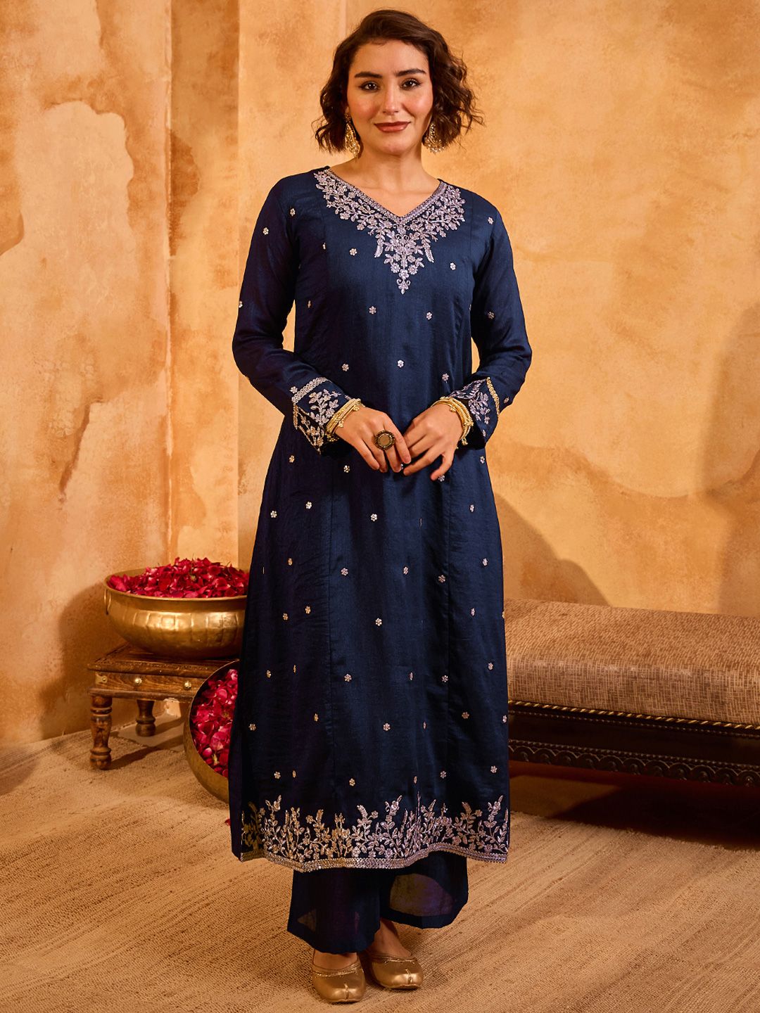 Dhiyona KL Women Ethnic Motifs Embroidered Regular Thread Work Kurta with Palazzos & With Dupatta