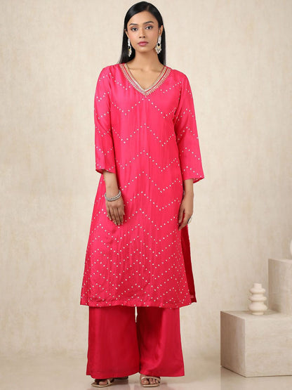 Dhiyona SO Women's Bandhani Printed V-Neck Sequinned Straight Kurta With Palazzos & Dupatta