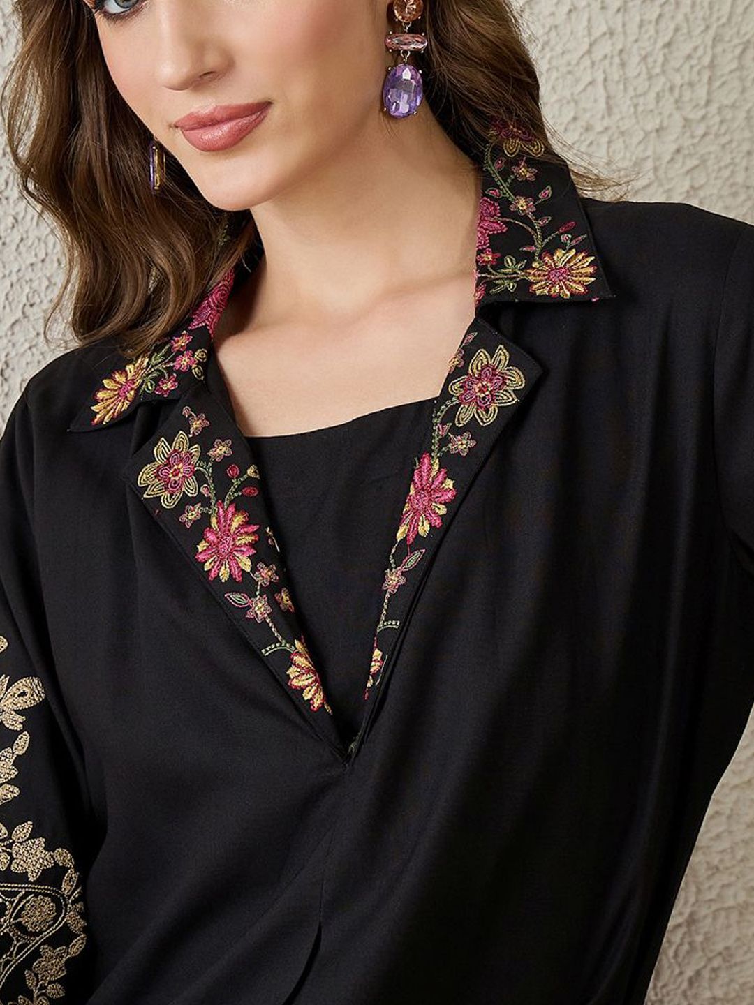 Dhiyona IE Embroidered Shirt Collar Top With Trousers