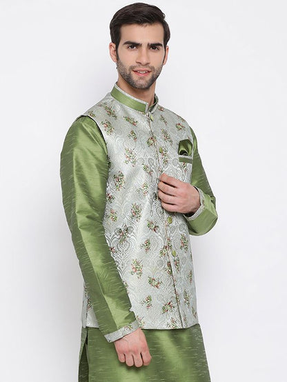 Men's Grey Cotton Silk Straight Nehru Jacket