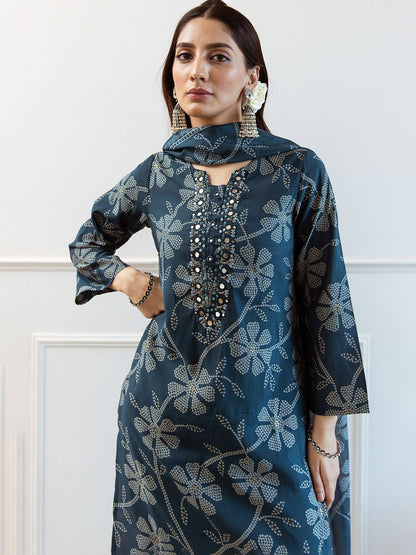 Dhiyona SN Women's Floral Printed Notch Neck Mirror Work Modal Muslin Kurta & Trousers With Dupatta