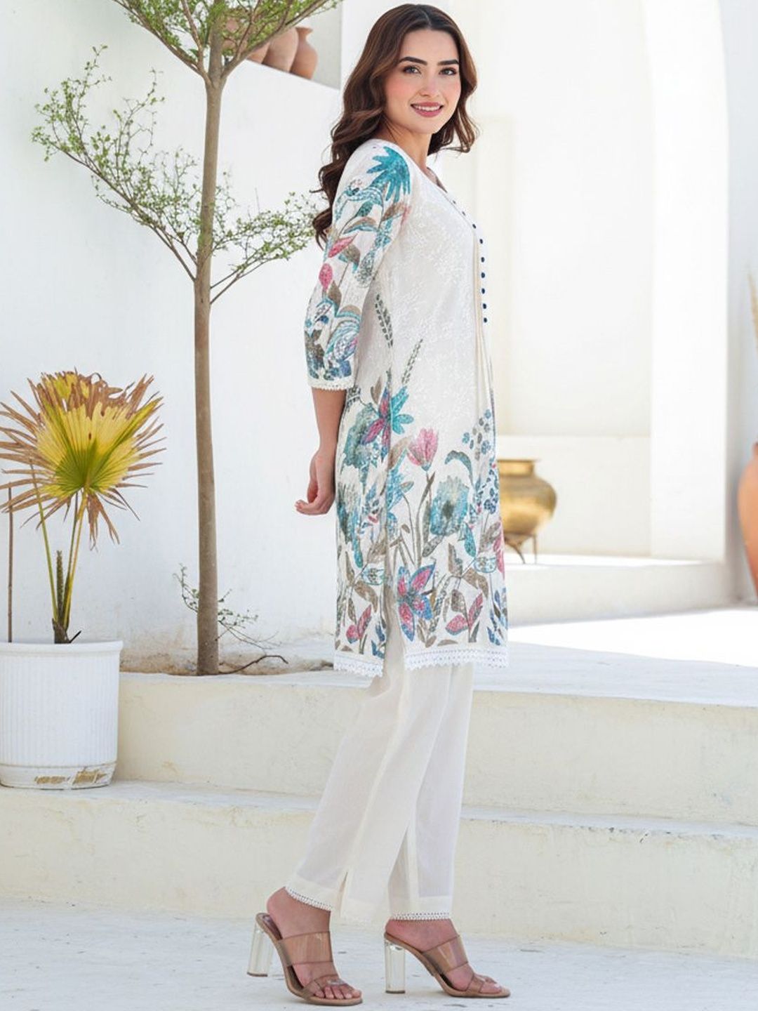 Women Floral Printed Panelled Thread Work Pure Cotton Kurta with Trousers