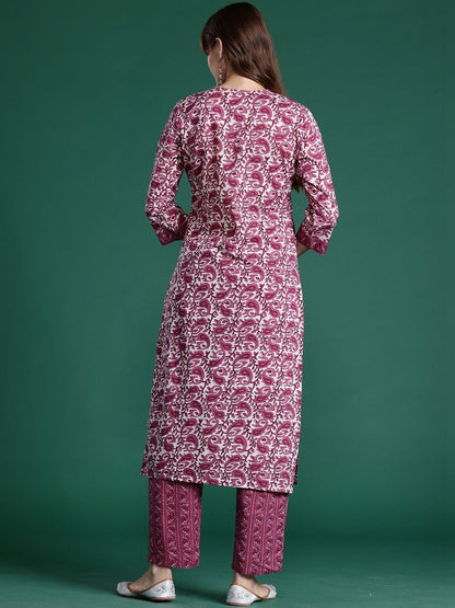 Women Ethnic Motifs Printed Regular Thread Work Pure Cotton Kurta with Trousers