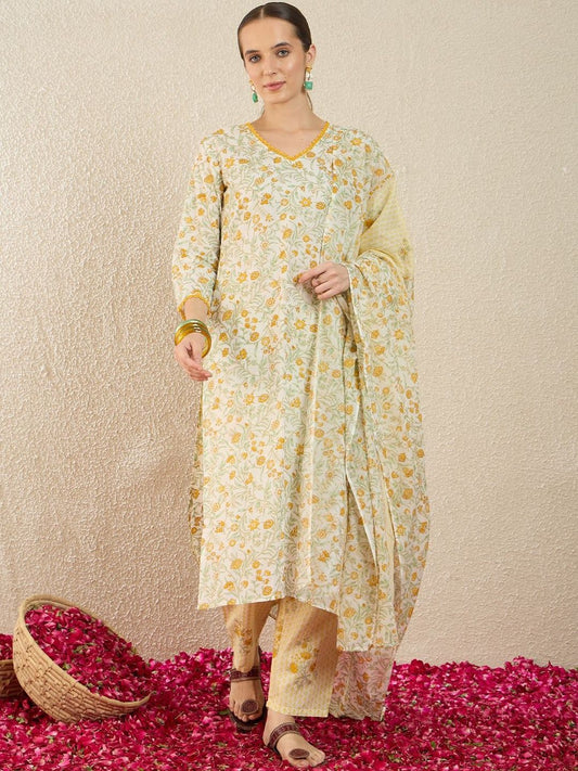 Floral Printed V-Neck Regular Pure Cotton Straight Kurta With Trousers & Dupatta