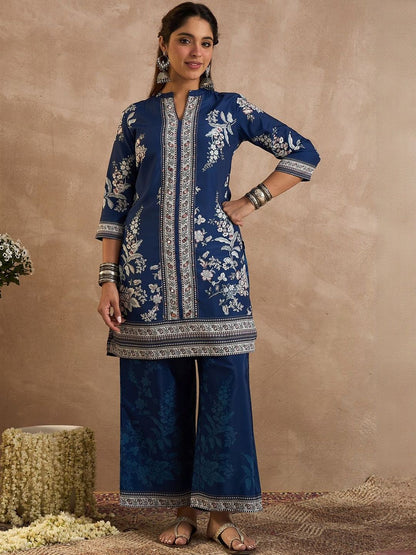 Floral Printed Mandarin Collar Mirror Work Straight Kurta With Palazzos