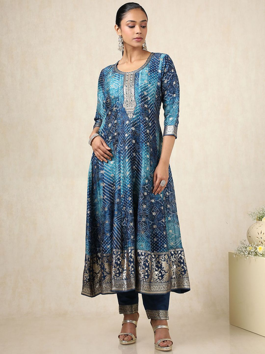 Dhiyona SO Women's Bandhani Printed Zari Work Brocade Anarkali Kurta With Trousers And Dupatta