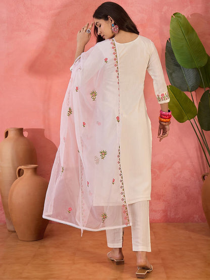 Dhiyona SN Women's Floral Embroidered Thread Work Straight Kurta With Trousers And Dupatta