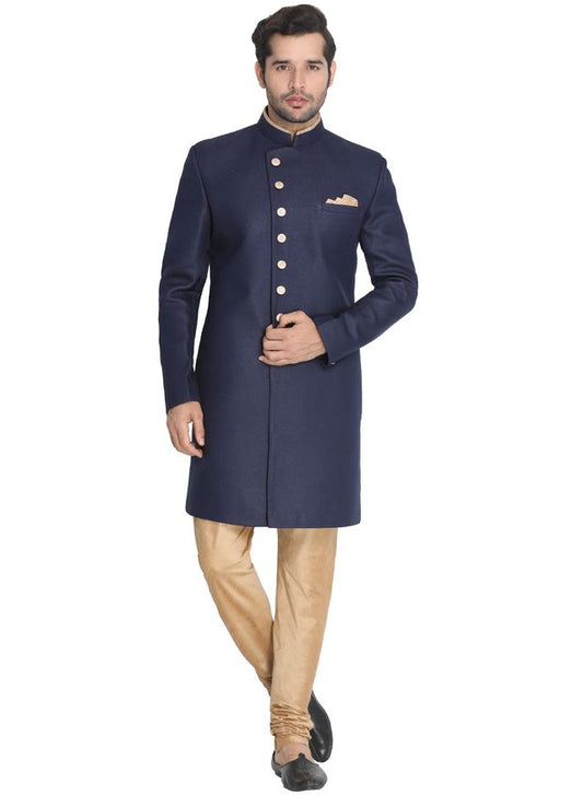 Men's Dark Blue Polyester Lurex Blend Straight Sherwani Set