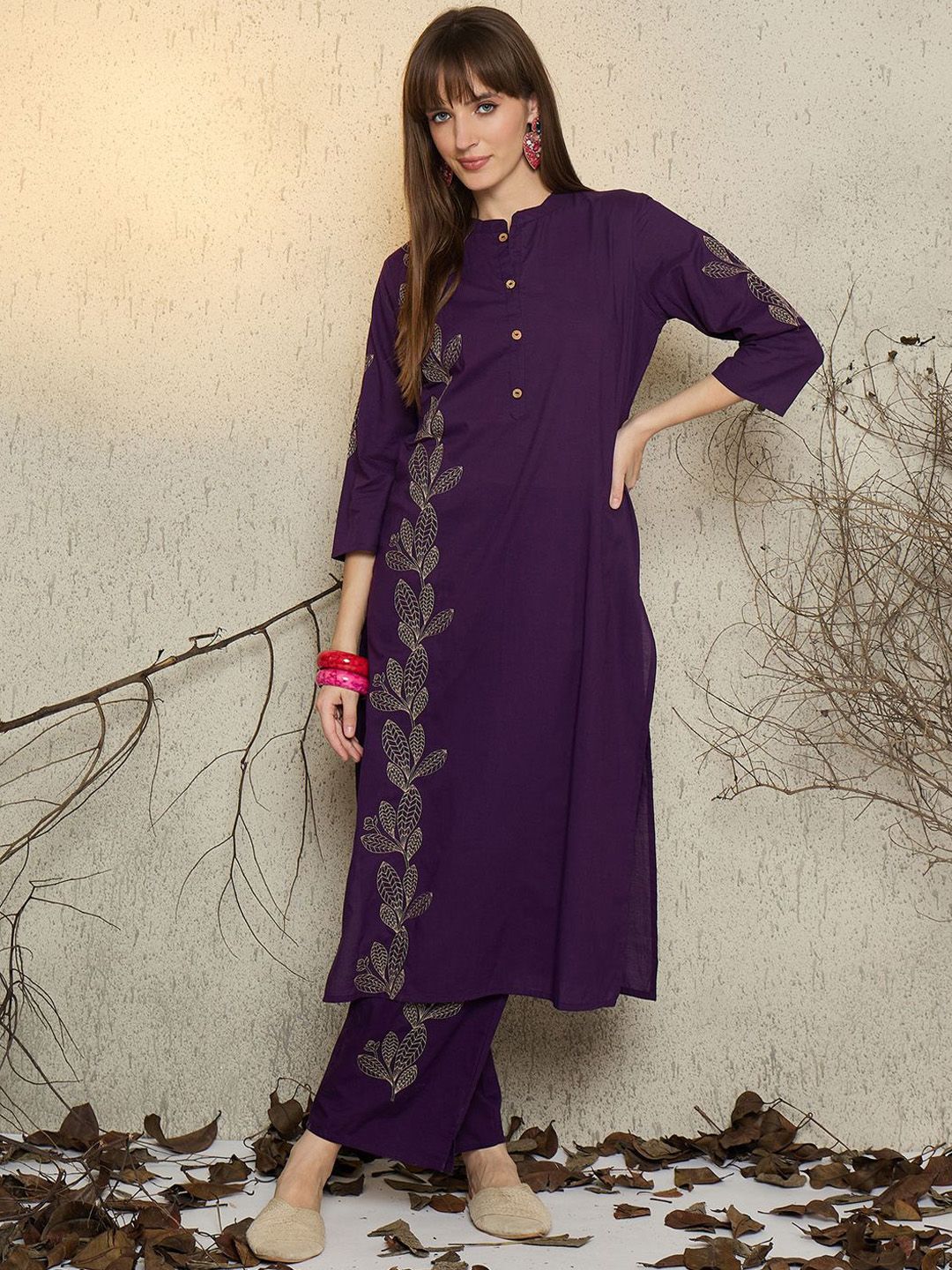 Dhiyona IE Women Embroidered Mandarin Collar Cotton Top and Trousers Co-Ords