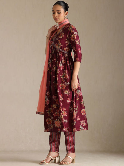Dhiyona SO Women's Women Printed Beads and Stones Kurta with Trousers & With Dupatta