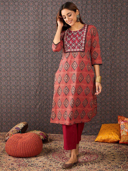 Geometric Printed Mirror Work Pure Cotton Kurta With Trousers & Dupatta