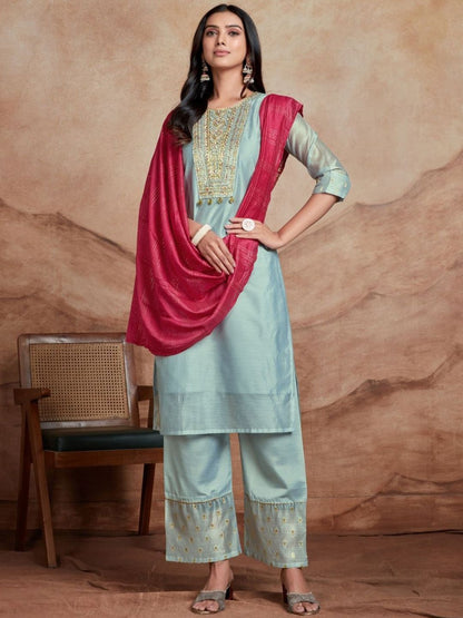 Dhiyona SN Women's Floral Embroidered Sequinned Chanderi Silk Straight Kurta & Palazzo With Dupatta