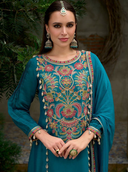 Floral Embroidered A-Line Round Neck Beads & Stones Kurta With Trousers & Dupatta