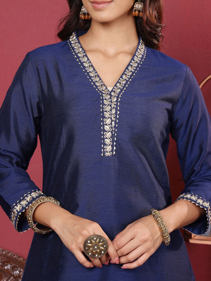 Dhiyona VA Women's Floral Zari Embroidered Neck Kurta with Trousers and Woven Brocade Dupatta
