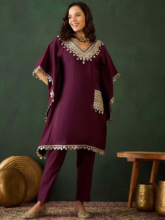 Dhiyona SN Women's Burgundy Geometric Embroidered V-Neck Mirror Work Kaftan With Trousers