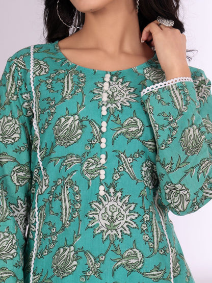 Dhiyona VA Women'sFloral Printed Round Neck Pure Cotton Kurta With Trousers