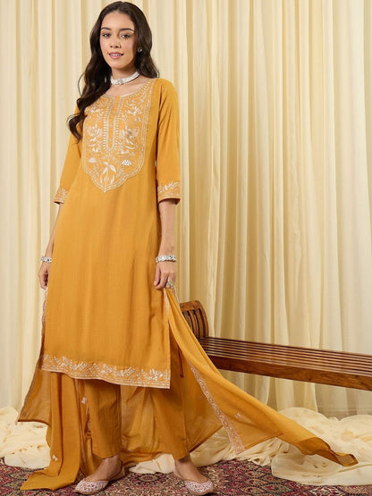Women Ethnic Motifs Embroidered Regular Thread Work Pure Cotton Kurta with Trousers & With Dupatta