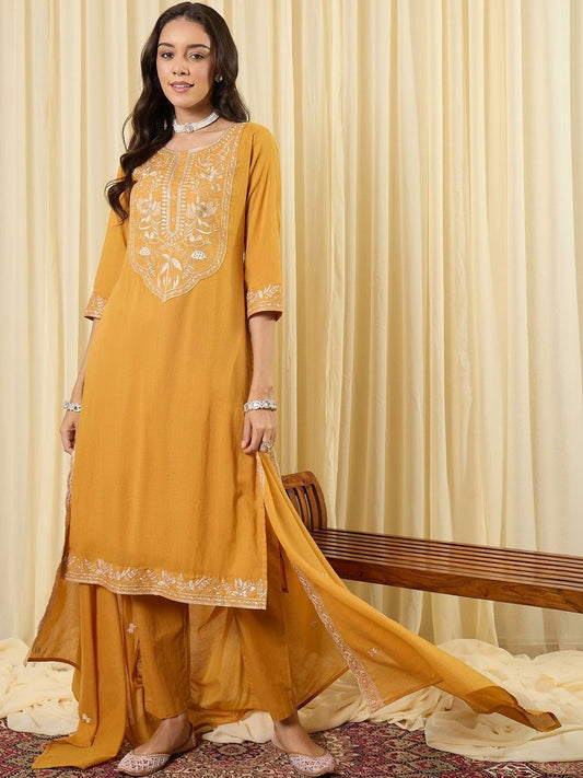 Women Ethnic Motifs Embroidered Regular Thread Work Pure Cotton Kurta with Trousers & With Dupatta