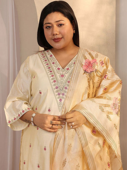 Dhiyona Women's Plus Size Floral Embroidered Kurta with Trousers & With Dupatta
