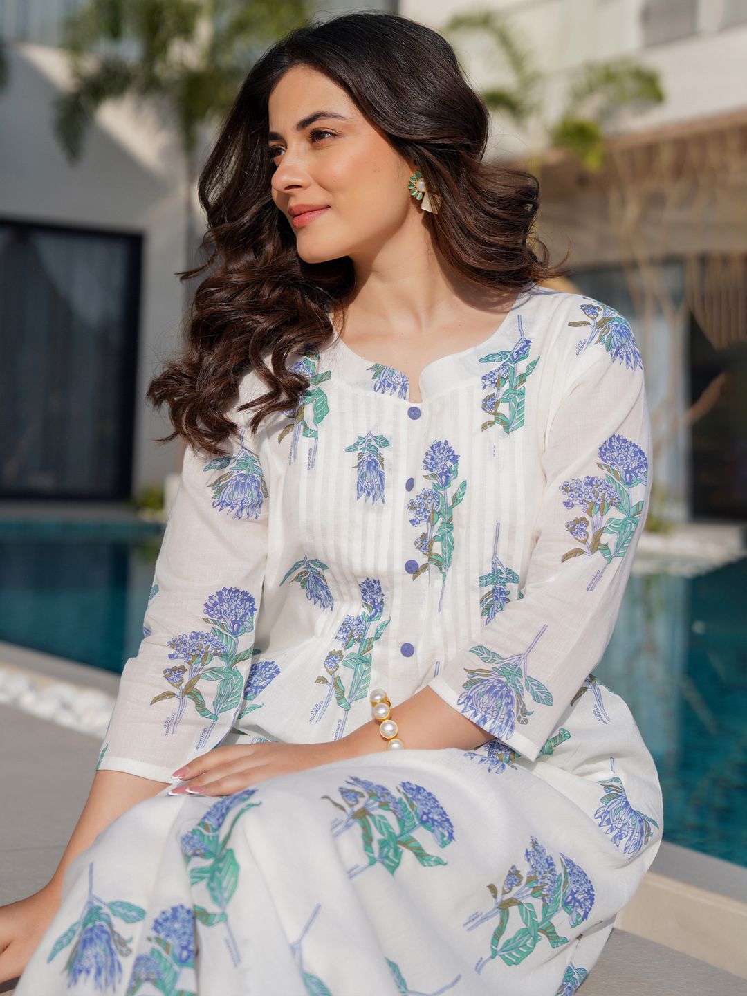 Dhiyona IE Floral Printed Round Neck Panelled A-Line Pure Cotton Kurta With Trousers