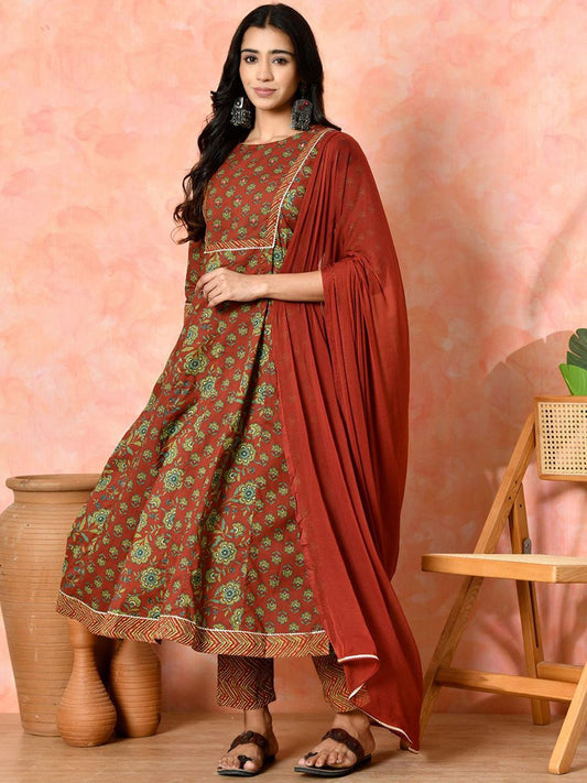 Dhiyona SN Women's Floral Printed Pure Cotton Round Neck Anarkali Kurta With Trouser And Dupatta
