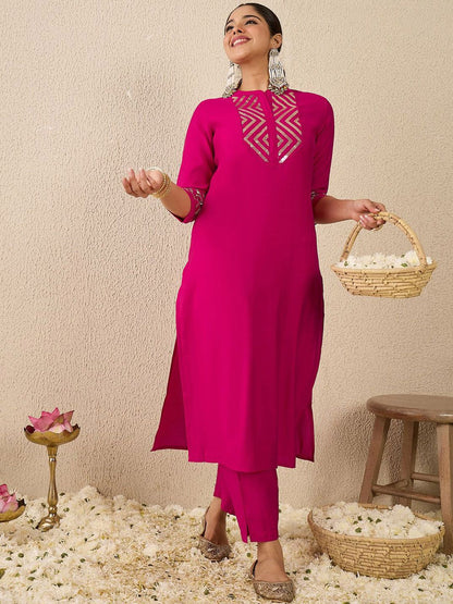 Embroidered Mirror Work Straight Kurta With Trousers