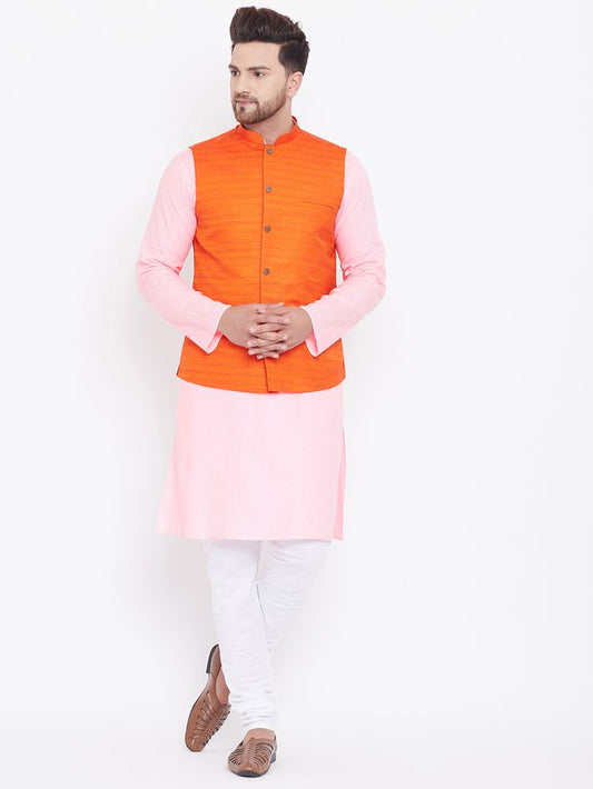 Men's Pink Cotton Blend Straight Jacket  Kurta and Pyjama Set