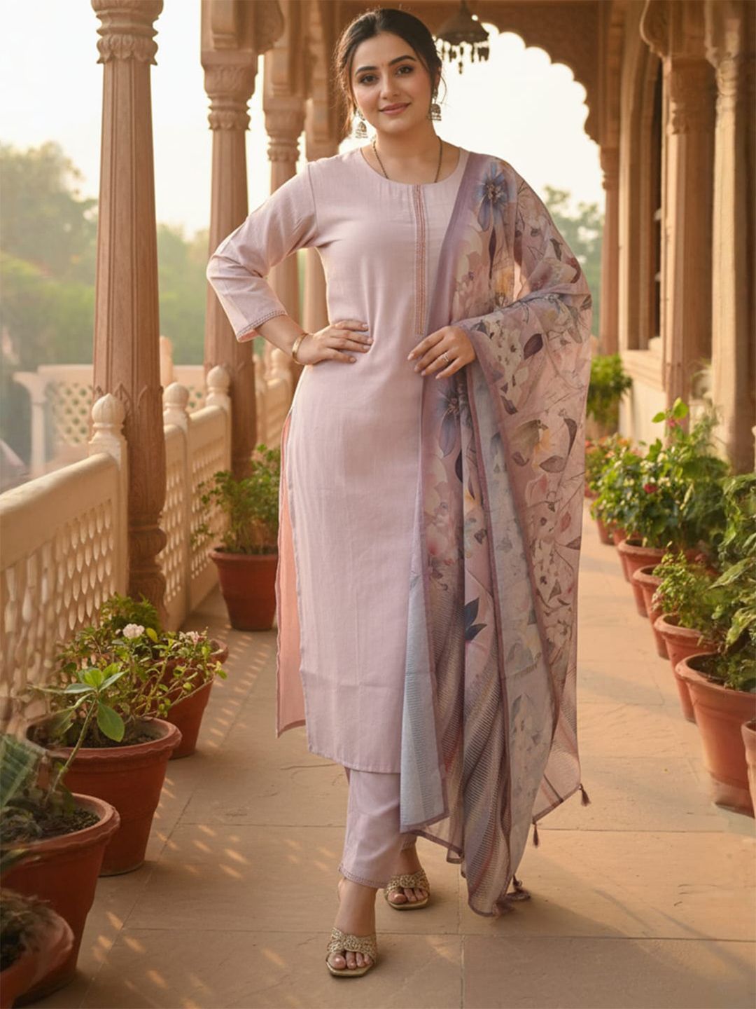 Dhiyona IE Women's Women Thread Work Straight Kurta with Trouser & Printed Dupatta