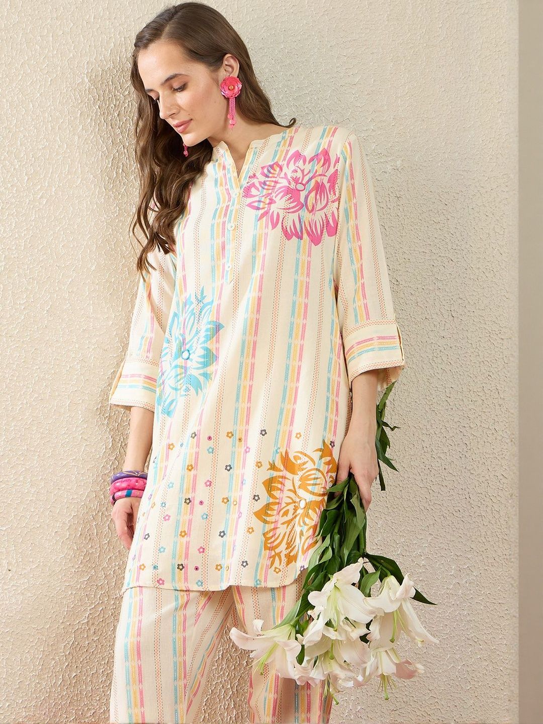 Floral Printed A Line Kurti With Trousers