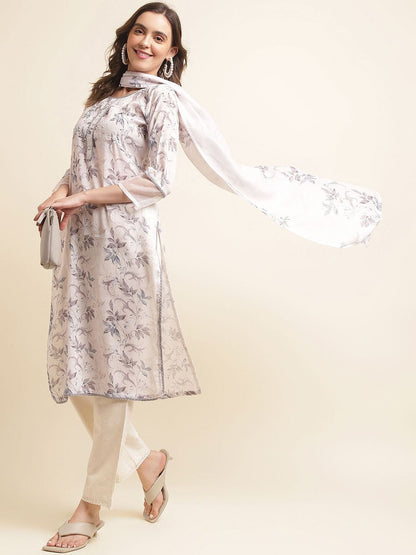 Dhiyona OD  Printed Gotta Patti Linen Straight Kurta with Trousers & Dupatta