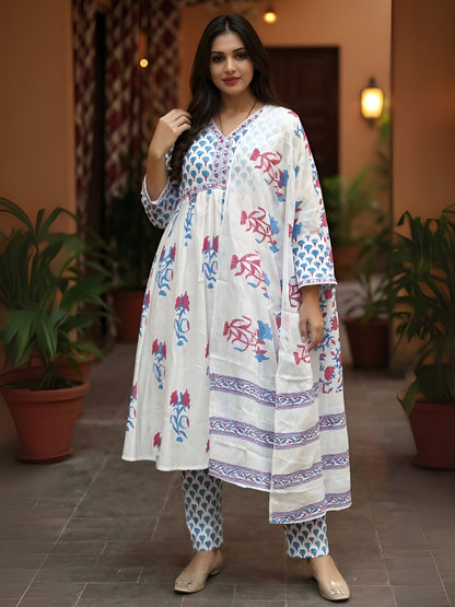 Dhiyona IE Women's Women Floral Printed Empire Pure Cotton Kurta with Trousers & Dupatta