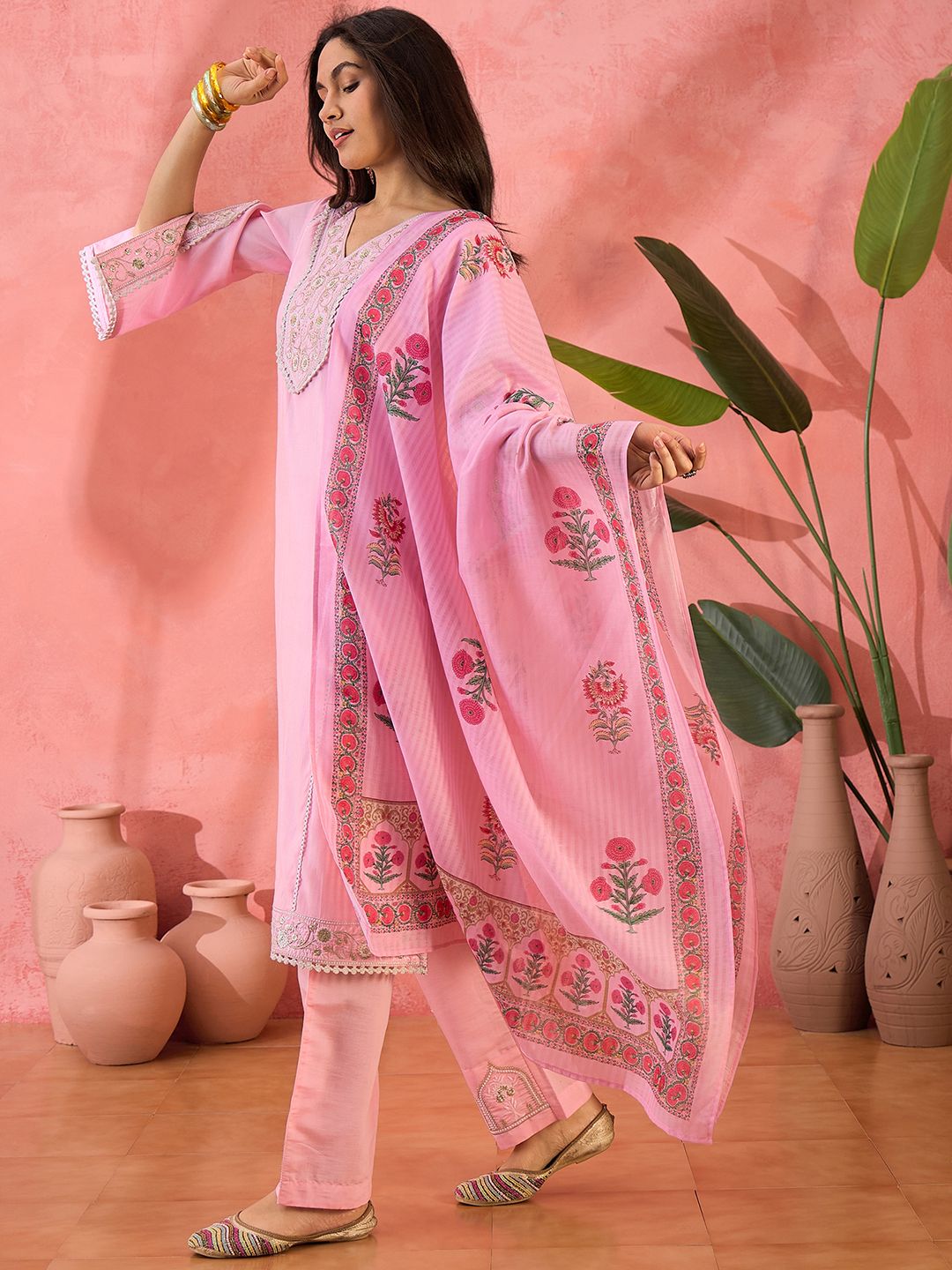Dhiyona SN Women's Pink Floral Embroidered V-Neck Sequinned Straight Kurta With Trousers And Dupatta