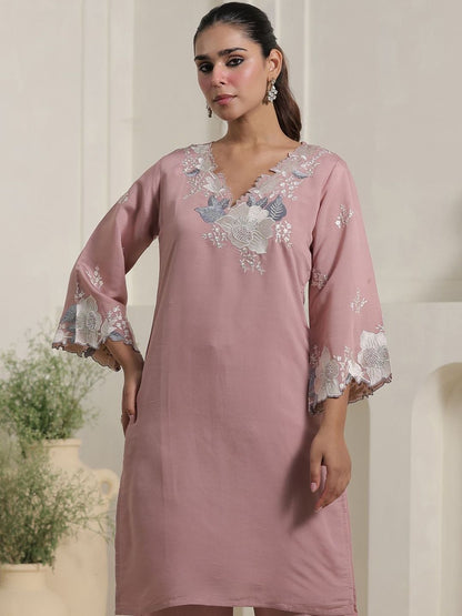 Floral Yoke Design V-Neck Thread Work Straight Kurta & Trousers