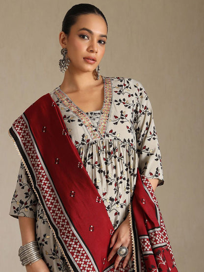 Dhiyona SO Women's Women Floral Printed Sequinned V-Neck Kurta with Trousers & With Dupatta