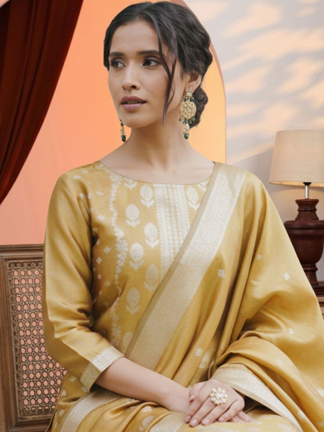 Dhiyona IE Women Ethnic Motifs Regular Kurta with Trousers & With Dupatta