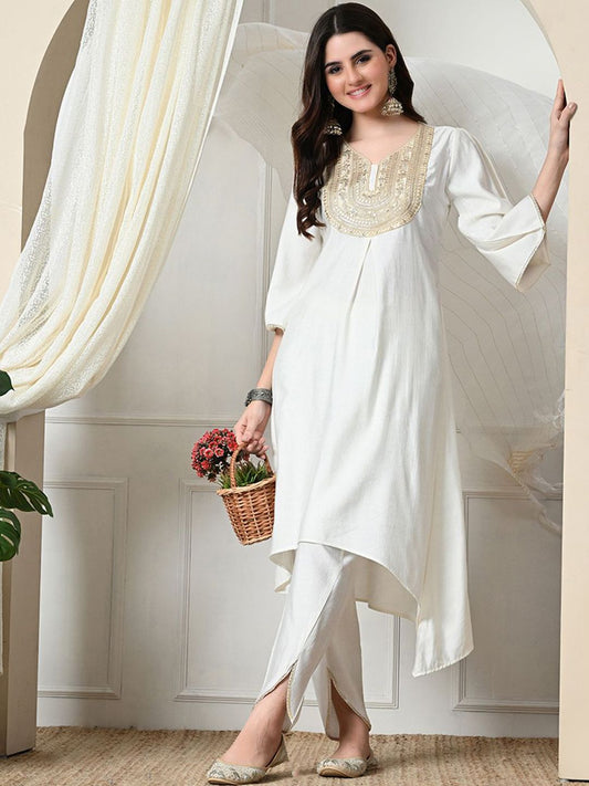 Dhiyona SN Women's Sequinned V-Neck A-Line Kurta With Dhoti Pants & Dupatta