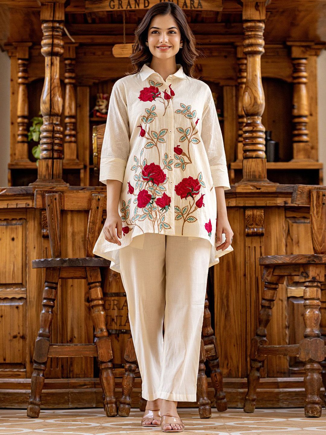 Dhiyona IE Floral Embroidered Thread Work Pure Cotton Shirt with Trousers