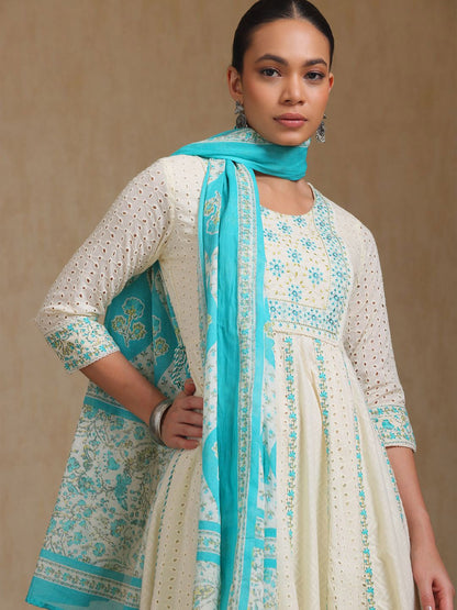 Dhiyona SO Women's Floral Self Design Panelled Thread Work A-Line Kurta With Trousers & Dupatta
